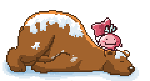 An illustration in the style of pixel art of a sleeping brown bear and a radish holding a flag in a celebratory pose on top of the bear.